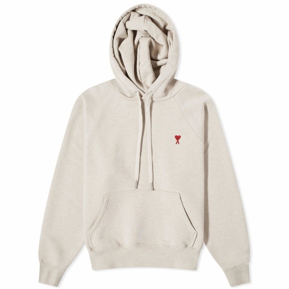 AMI Paris Men's Small A Heart Popover Hoodie in Heather Light Beige - Picture 1 of 7